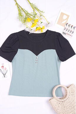 Triple Pearl Button Round Neck Contrast Top (Black + Grey Green)
